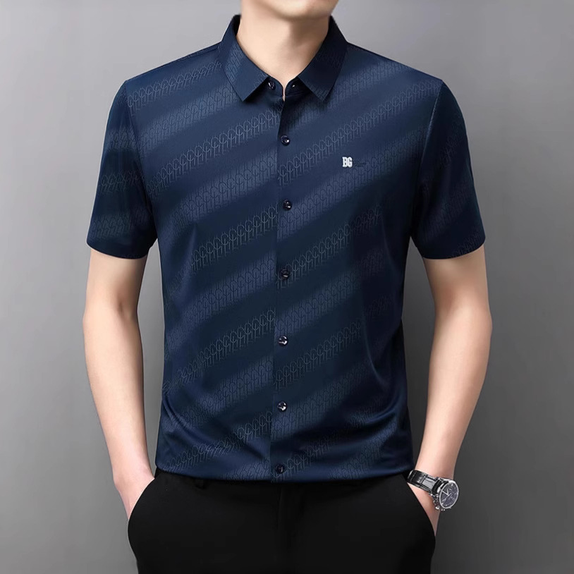 High-end Digital Printing Ice Silk Stretch Short-sleeved Shirt Men's Summer New Casual All-match Trendy Wrinkle-resistant Shirt