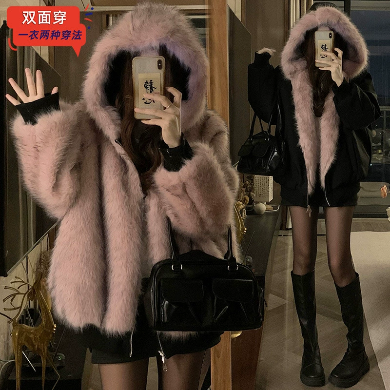 Рекордный черный ретро с обеих сторон шерстяная куртка женский 2024 новый зимний теплый топ с капюшоном