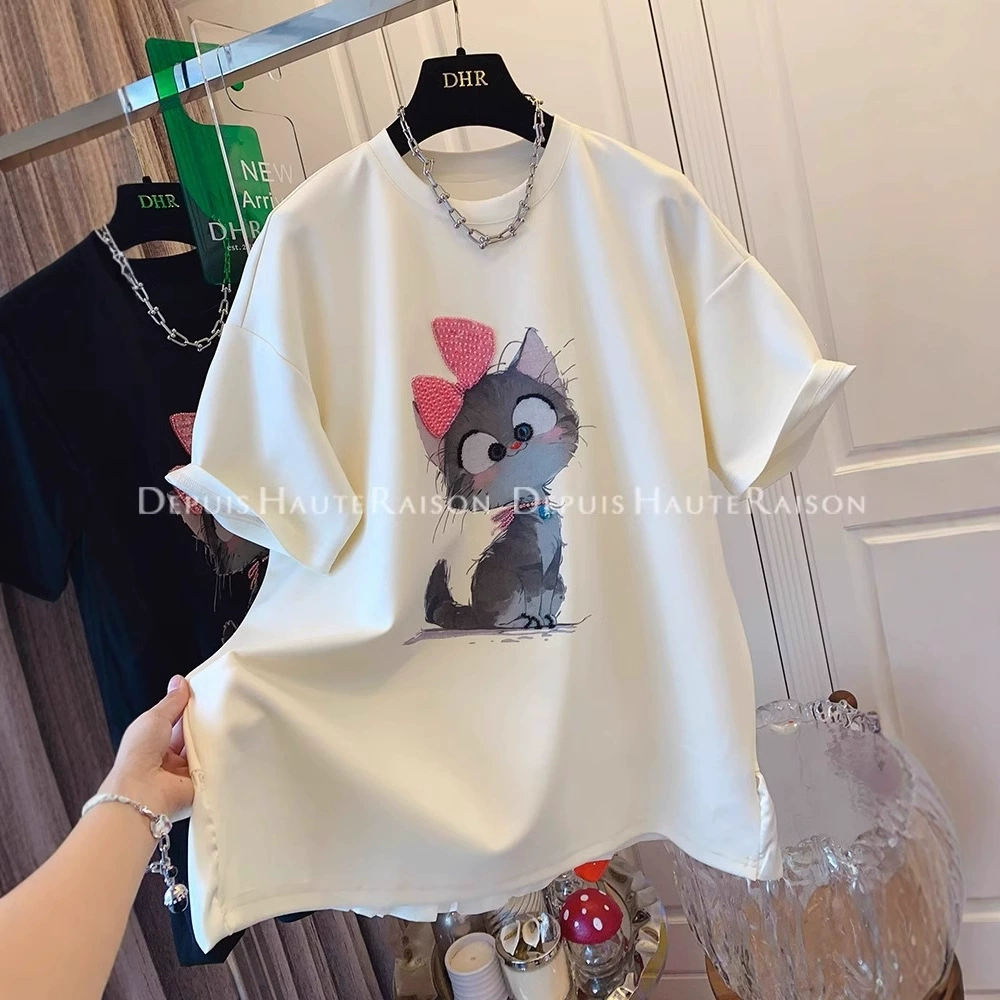 Внешняя торговля через границу 220 г хлопчатобумажный специальный большой размер 300 кг котенок бусы с горячим бриллиантом футболка с короткими рукавами женская 2025 новая модель