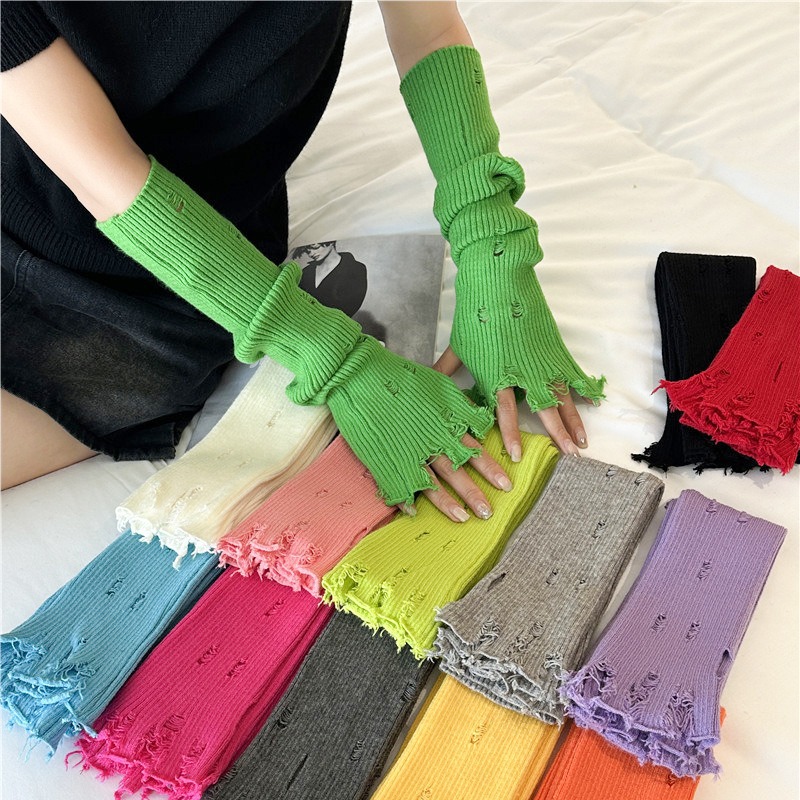 Dopamine solid color holey long gloves for women, student arm protection knitting, stack cuff, versatile arm guard, yarn arm sleeve