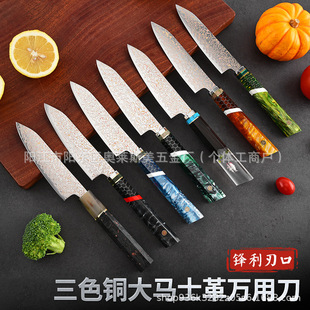 Cross-border new 67-layer three-color copper Damascus steel chef knife universal kitchen knife fruit knife sharp household