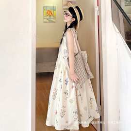 韩系温柔风甜美花卉无袖连衣裙女夏季新款小个子减龄宽松背心长裙
