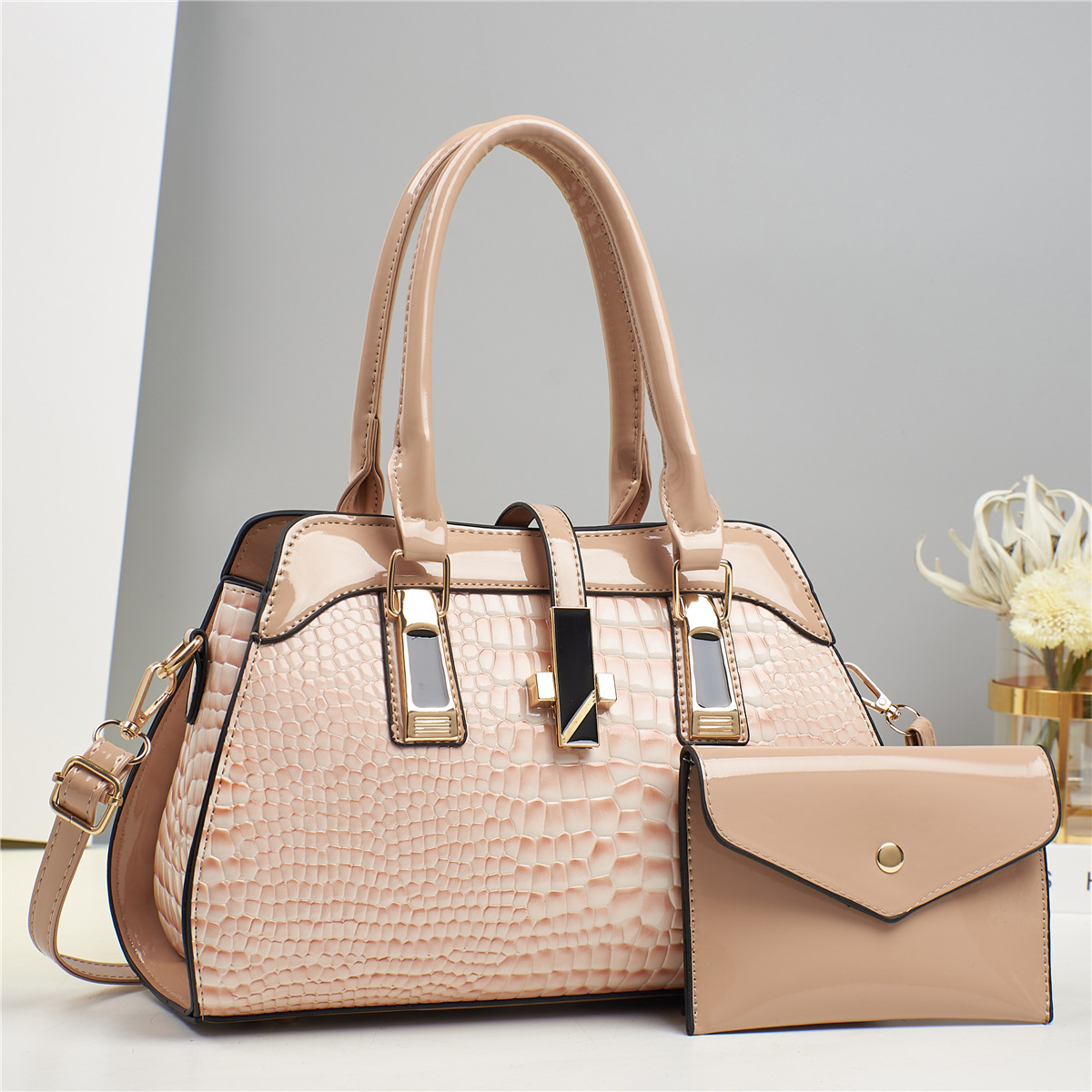 Taizhou Women's Handbag Patent Leather Top Handle Bag With Matching Pouch Crocodile Embossed Shoulder & Crossbody Bag - Thumbnail 3