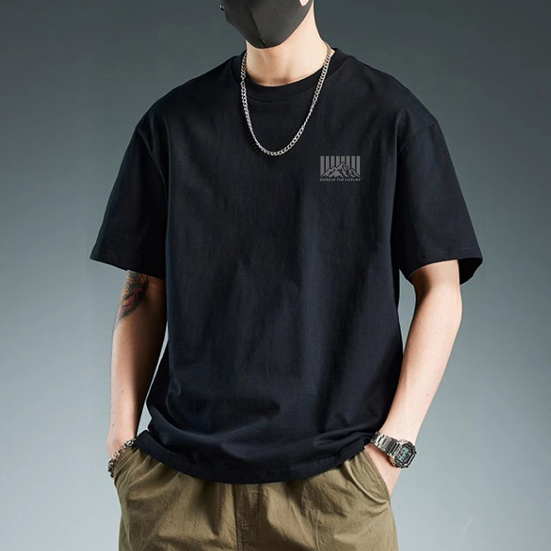 200g Heavyweight Pure Cotton Short-Sleeved T-Shirt Men's Summer Printed Bottoming Shirt Round Neck Couple T-Shirt Large Size Trendy