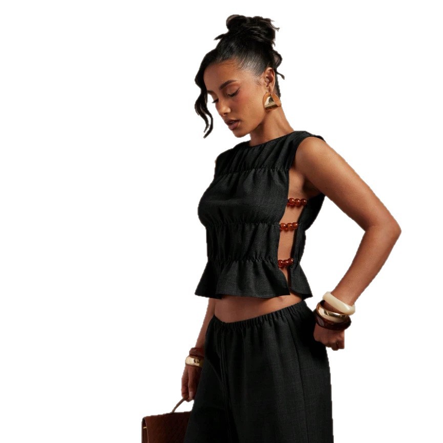 Women's Spring Solid Color Two Piece Set Retro Long Pants Vest Outfit_voghion.com
