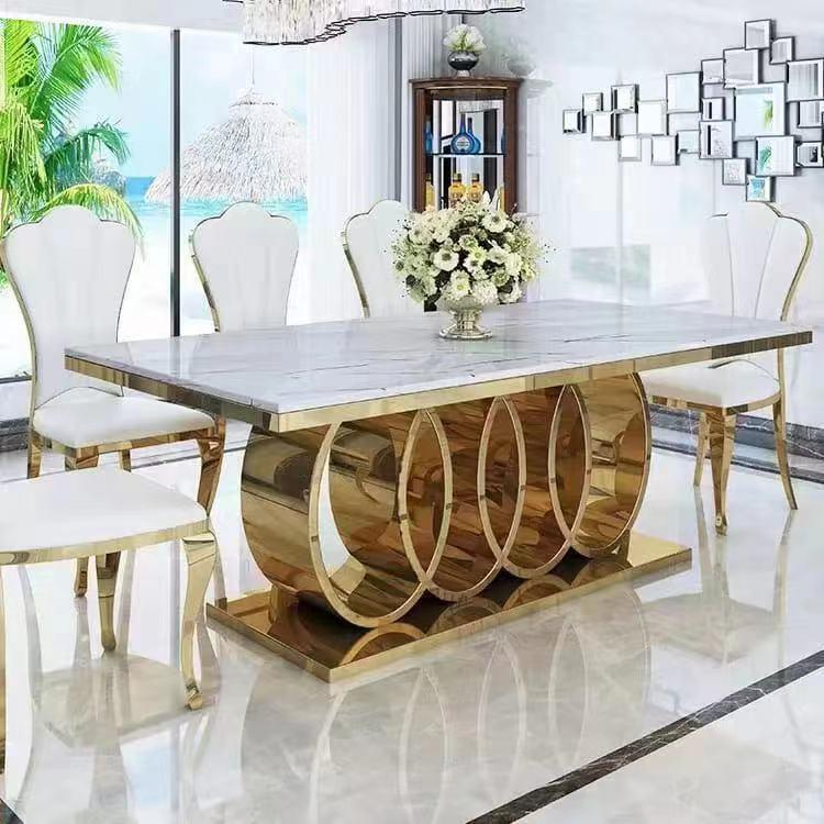 Mesa de boda para exteriores con tablero ovalado de vidrio dorado y acero inoxidable, mesa de comedor combinada para alquiler de banquetes integrada