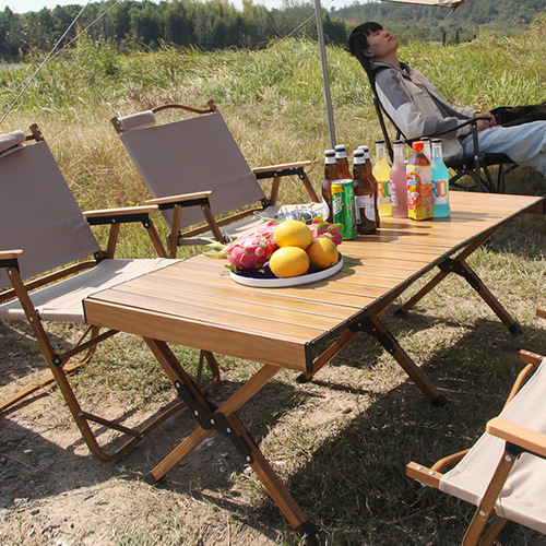【Dropshipping】Aluminum Waffle Table Portable Camping Table Outdoor Beach Table Set with Extended Tea Table