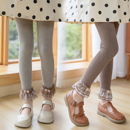 Spring girls thin vertical striped knitted cotton leggings long pants children's lace bow pantyhose