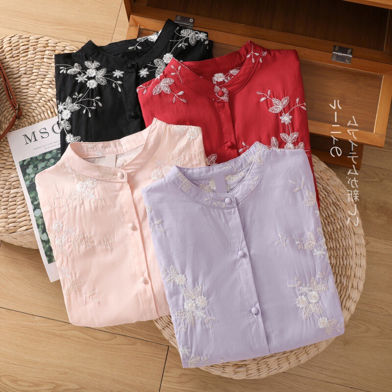 Large Size Women's Clothing New Arrival Vintage Heavy Industry Embroidered Ramie Top Women's Cropped Sleeve Cotton Linen Lace Stitching Small Shirt for Women