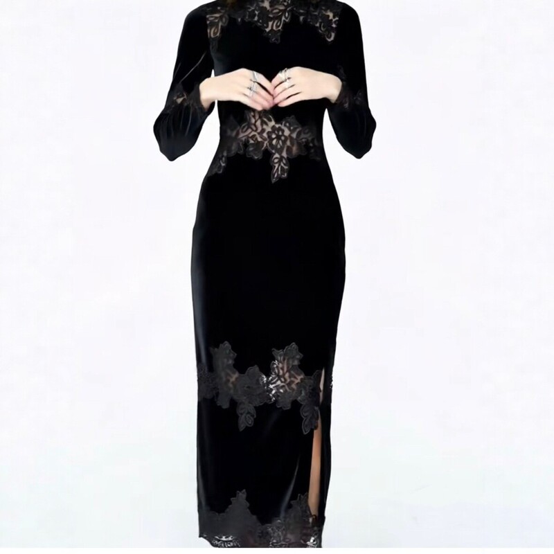Cross-Border New Style Black Velvet Lace Patchwork Dress for Women, Long-Sleeved, Slim-Fitting, Elegant Long Dress, Cheongsam Style