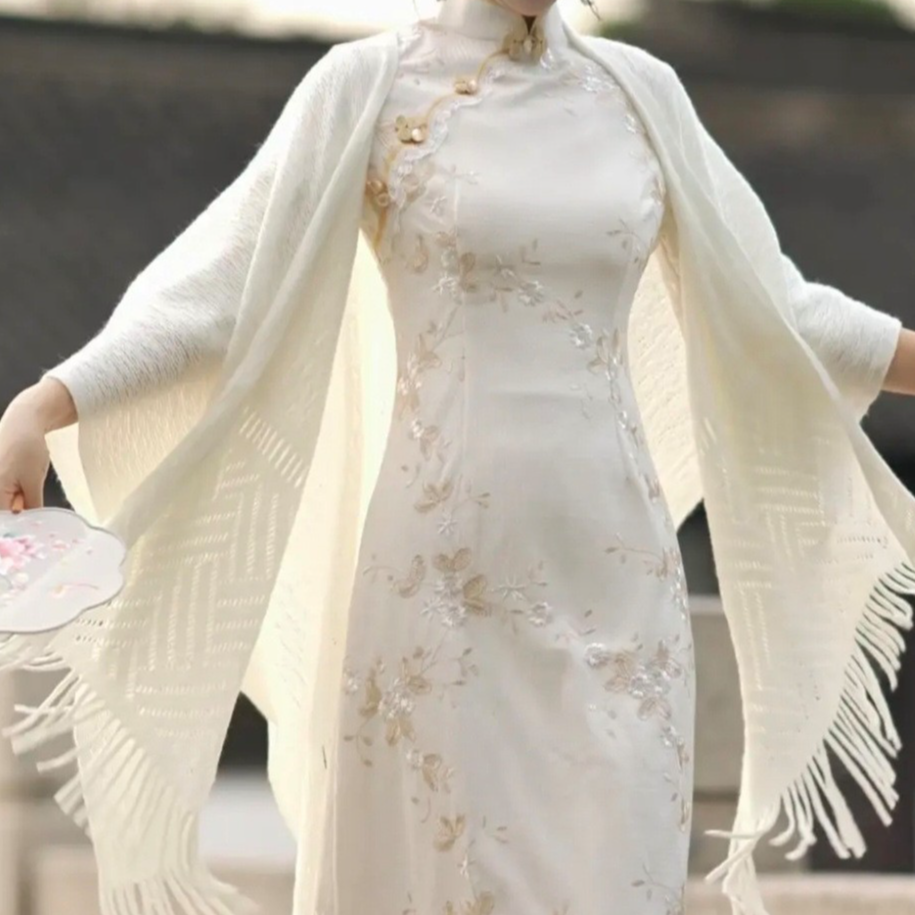 Cheongsam Shawl Outerwear Retro Literary Versatile Knitted Jacket Cape Cardigan Matching Outfit New 2025 Spring Collection