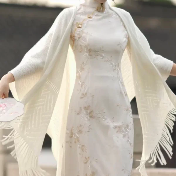 Cheongsam Shawl Outerwear Retro Literary Versatile Knitted Jacket Cape Cardigan Matching Outfit New 2025 Spring Collection