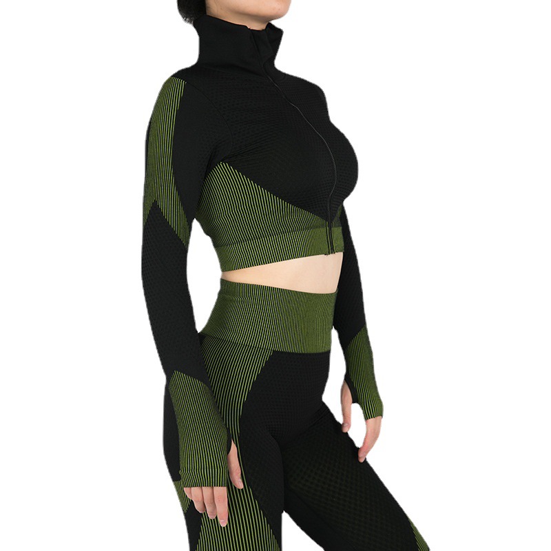 Amazon Outdoor Sports Zipper Cardigan Tight Yoga Set Striped Trousers Running Fitness Two-Piece Set Women