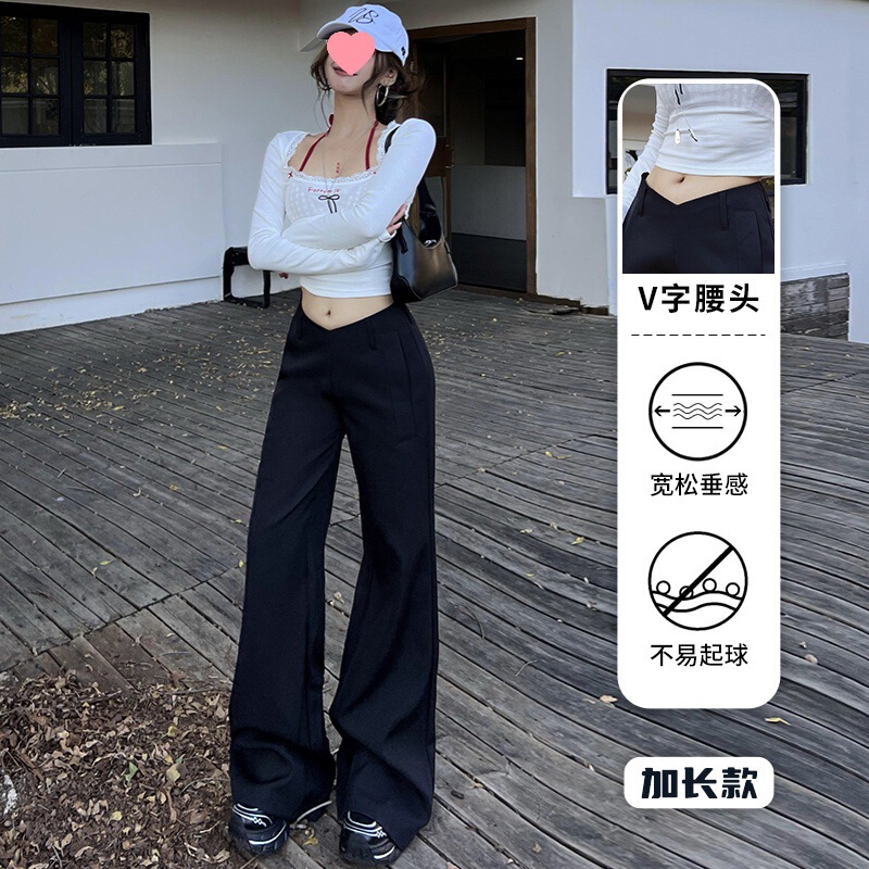 女性用のドレープ感のある黒のパンツ、夏用のローウエストV字型のゆったりとしたスリムなアメリカンスタイルのカジュアルパンツ|undefined