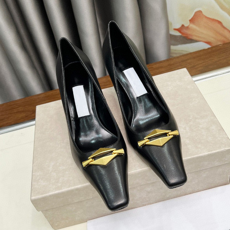 High Edition JIM Spring and Autumn New Fashionable High Heel Metal Sequin Square Top Shoes Leather Sexy Thin Heel Shallow Women's Shoes