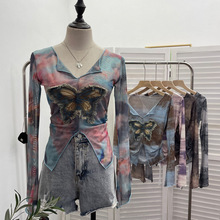 实拍跑量款撞色晕染薄纱拼接牛仔蝴蝶设计感防晒上衣V领短T恤1965