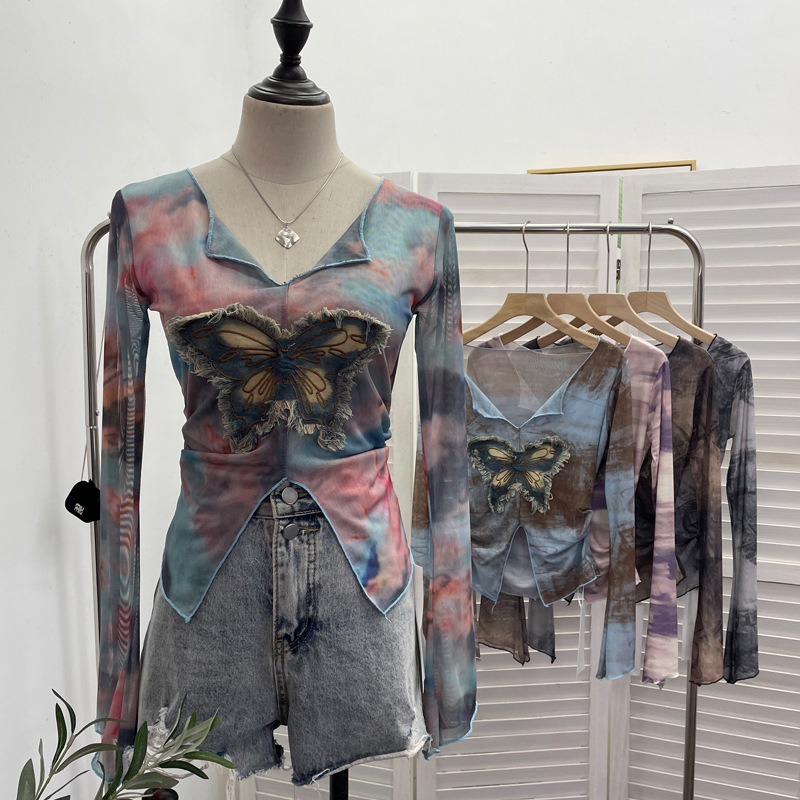 实拍跑量款撞色晕染薄纱拼接牛仔蝴蝶设计感防晒上衣V领短T恤1965