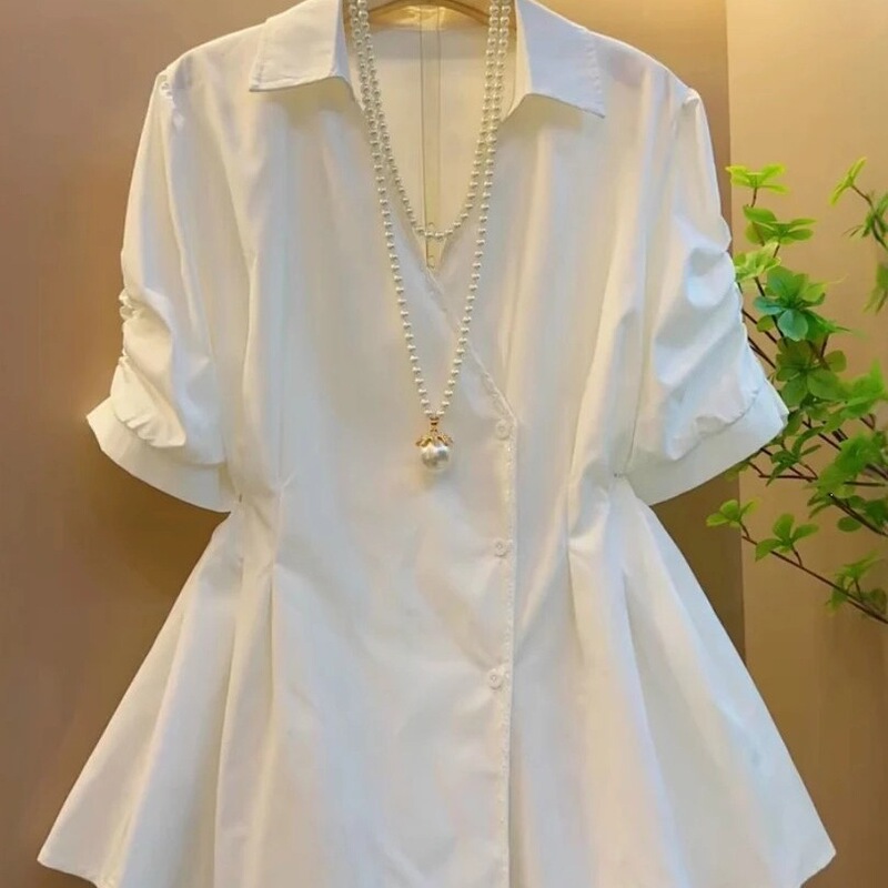 Plus-Size Women's Clothing 2026 Summer New White Short-Sleeve Shirt for Women, Slimming Casual Stylish Waist-Cinching Top for Curvy Girls
