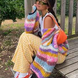 亚马逊 速卖通2023条纹长袖彩虹格重手工跨境开衫毛衣针织衫.