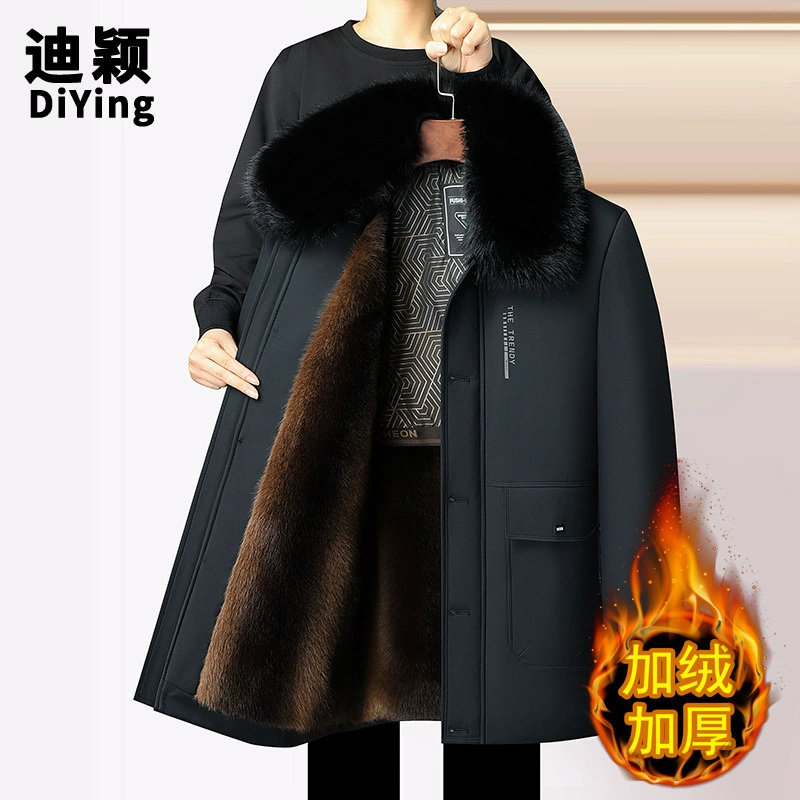 Новая модель пальто для мужчин среднего и пожилого возраста (50-60 лет), повседневное хлопковое пальто, утепленное флисом с большим меховым воротником для зимы.