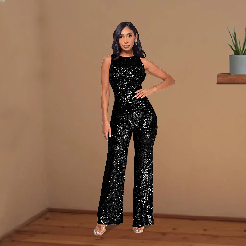 Amazon INS style independent station sleeveless sequined jumpsuit European and American cross-border round neck slim-fit women's jumpsuit Amazon INS style independent station sleeveless sequined jumpsuit European and American cross-border round neck slim-fit women's jumpsuit