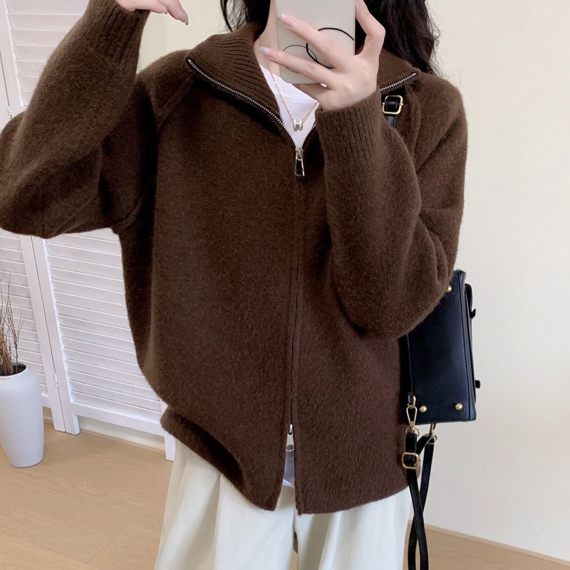 跨境慵懒风毛衣外套女2025秋冬新款韩系纯色立领拉链针织开衫上衣|undefined