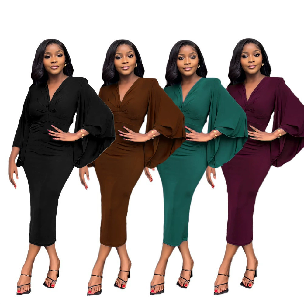 3055 Трансграничная Европа и США Амазонка темпераментный элегантный рукав летучей мыши с низким вырезом V-образным вырезом облегающее женское платье