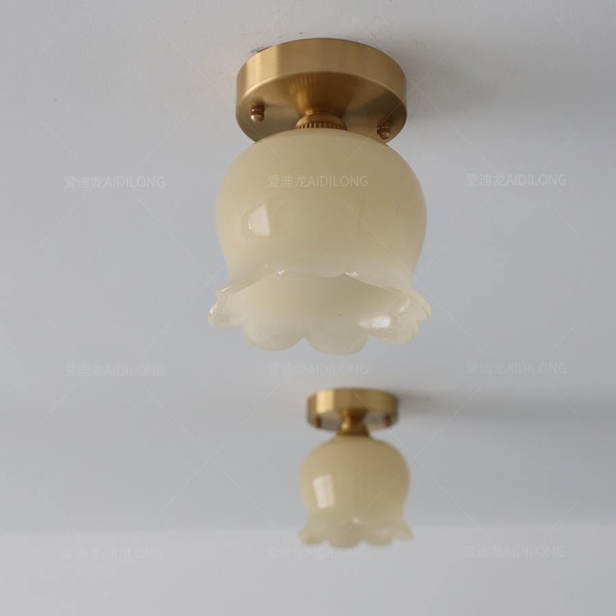 美式奶油风仿玉石铃兰花吸顶灯法式北欧简约阳台过道玄关黄铜灯