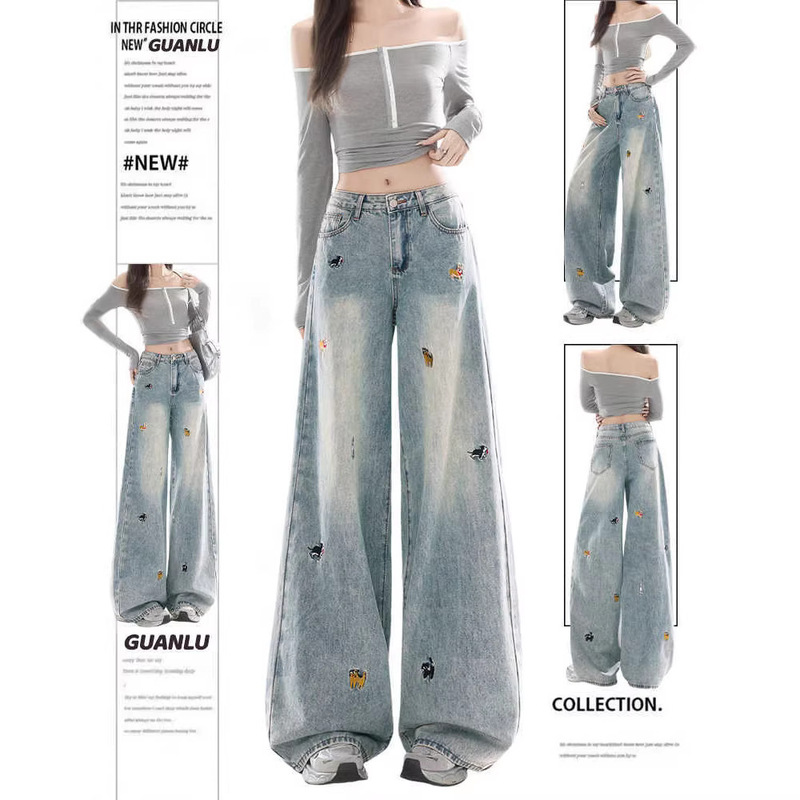 American Retro Distressed Dog Embroidery Jeans for Women, Spring 2026 New High-Waisted Loose Straight Wide-Leg Pants