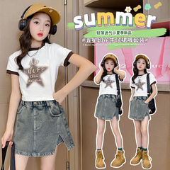 女孩網紅炸街夏裝2024新款兒童裝洋氣套裝夏季女大童牛仔短褲外穿