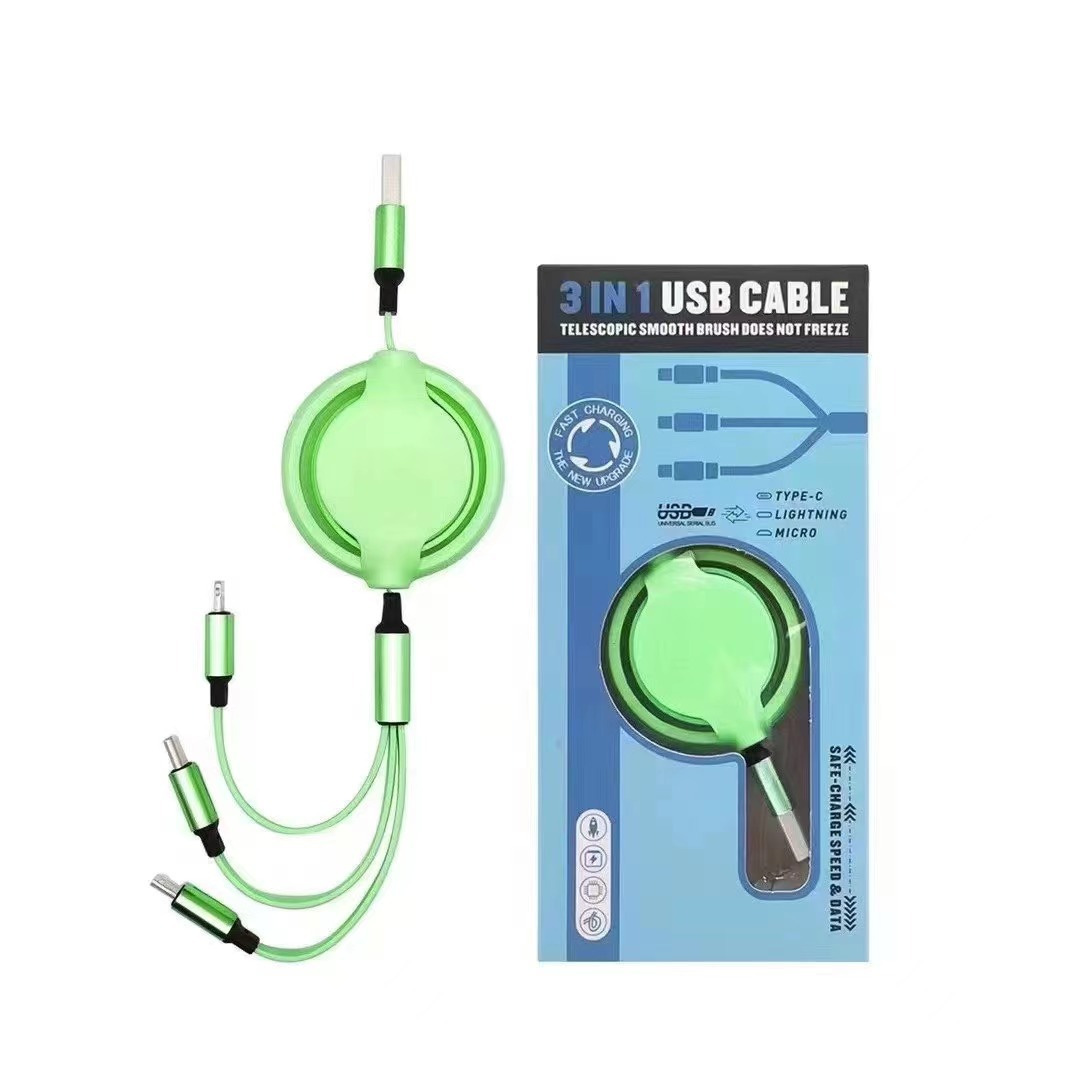 100W carga súper rápida, uno para tres cables de datos, cable de carga telescópico tres en uno, logotipo de regalo, carga de coche