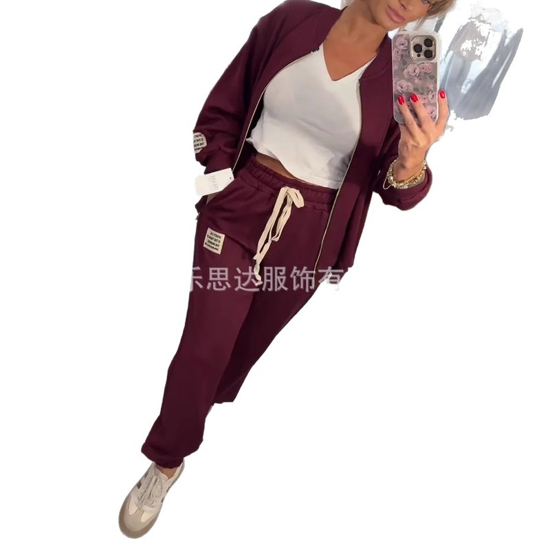 25秋冬新款亚马逊独立站欧美跨境女装圆领拉链外套裤子休闲套装|undefined
