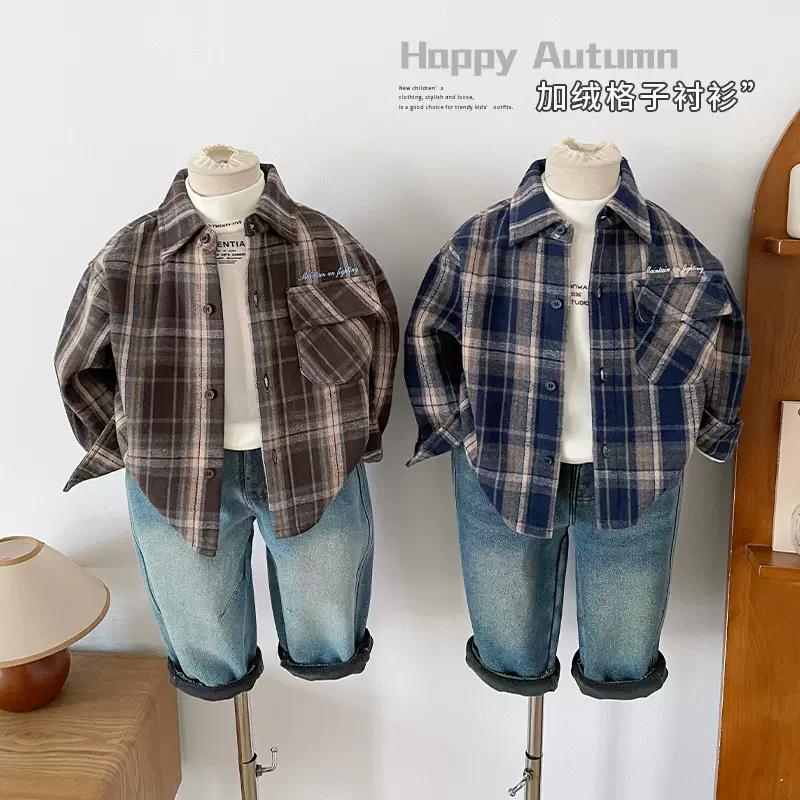 风之谷2025冬季新款童装儿童日系撞色格子加绒衬衫男女童字母外套