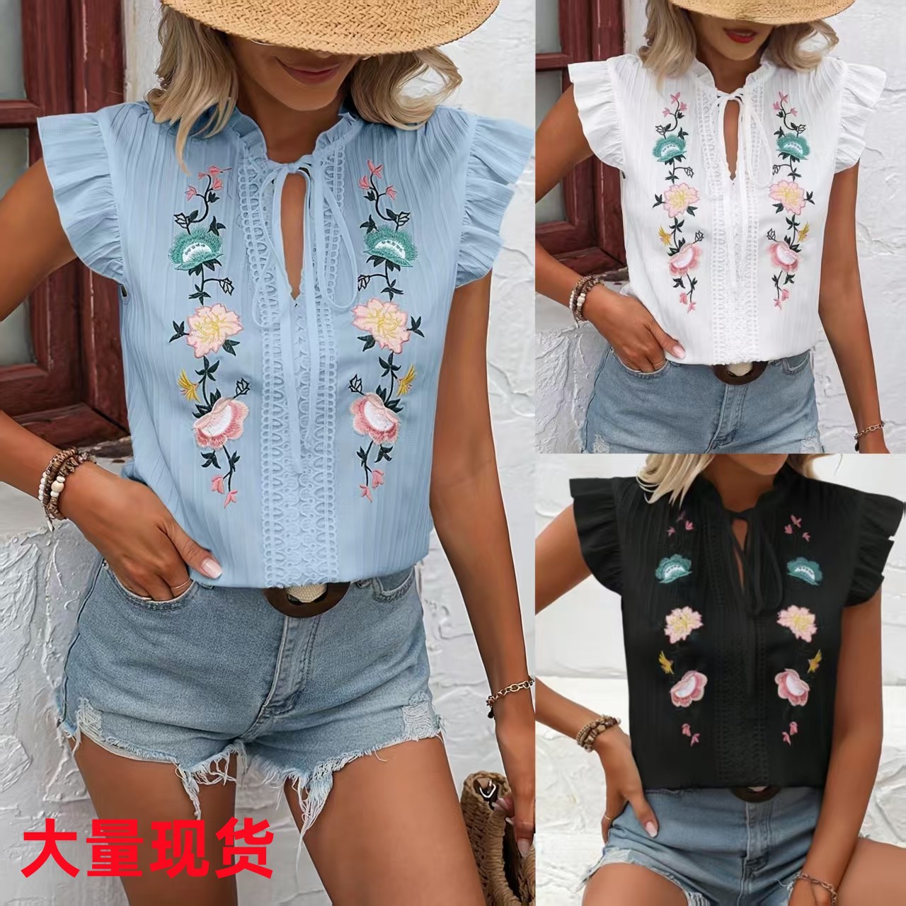 Estación independiente de Amazon comercio exterior 2025 verano nuevo estilo europeo y americano camisa bordada de manga corta transfronteriza mujer