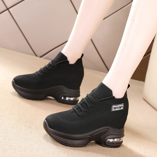 Black sports shoes for women, cross-border autumn, fat feet, wide feet, soft sole, soft surface, comfortable inner height increasing shoes