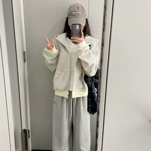 Korean-style padded striped hooded sweatshirt jacket for women, 2025 new arrival loose long-sleeved top for autumn and winter