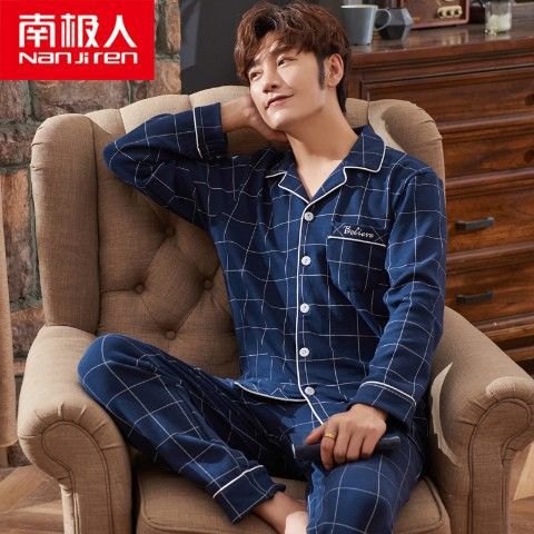Pijamas de los hombres manga larga 100% algodón primavera, otoño e invierno algodón flojo más tamaño traje desgaste del hogar