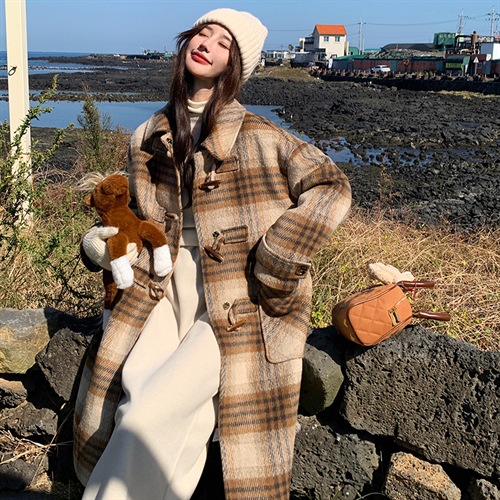 Shuiyiyuan Plaid Woolen down Jacket Women's Mid-Length