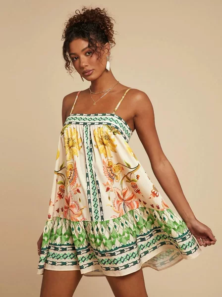 European and American Style Women's Printed Casual Slip Dress, Women's Printed Dress, Casual Vacation Thin Dress