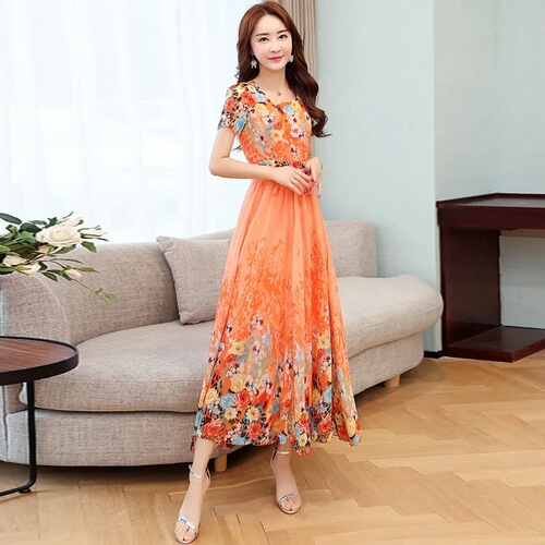 Style Print Dress Elegant Slimming Youthful Large Swing Medium Length Dress Beach Dress