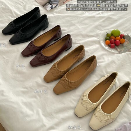 Korean-Style Ballet Shoes, Square-Toe Shallow-Mouthed Single Shoes for Women, Flat-Heeled Slip-On Shoes with Bow, Granny Shoes to Match Skirts, Women's Shoes