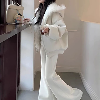 胖mm大码女装米白色宽松慵懒风连帽棉服女韩系百搭设计感夹棉棉衣