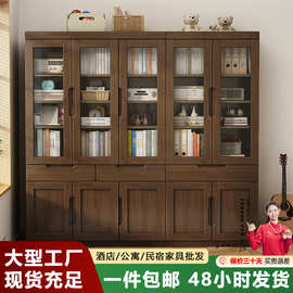 新中式实木书柜落地书房二三门组合储物柜玻璃门书架文件柜收纳柜