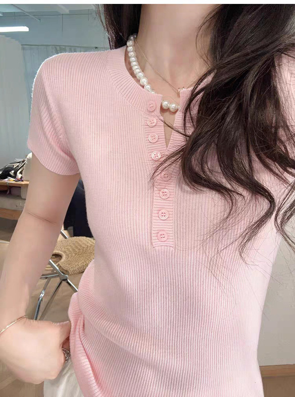 フレンチミルク黄色半ボタンvネック半袖tシャツ女性2025春夏修身洋気百合坑条ニット上着|undefined