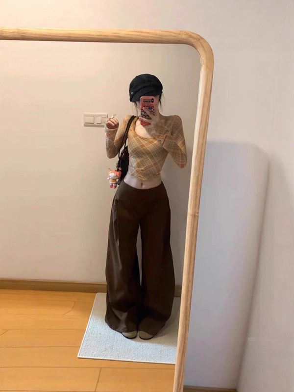 复古格纹u领中袖正肩T恤女秋季小个子修身收腰打底衫辣妹短款上衣|undefined