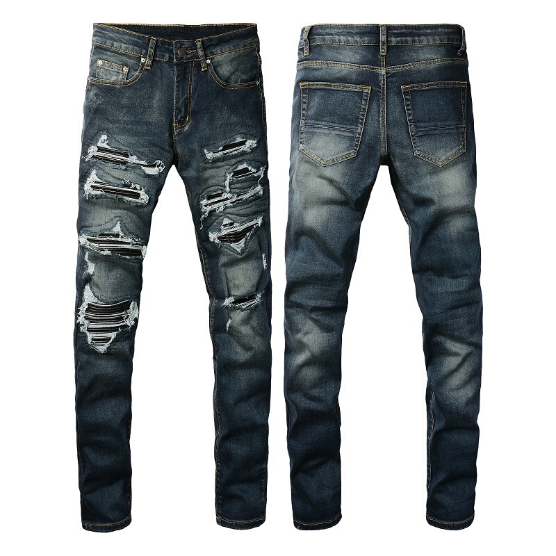 Cross-border foreign trade a wholesale 1320 of European and American fashion brand high street jeans with holes in the patch leather slim jeans