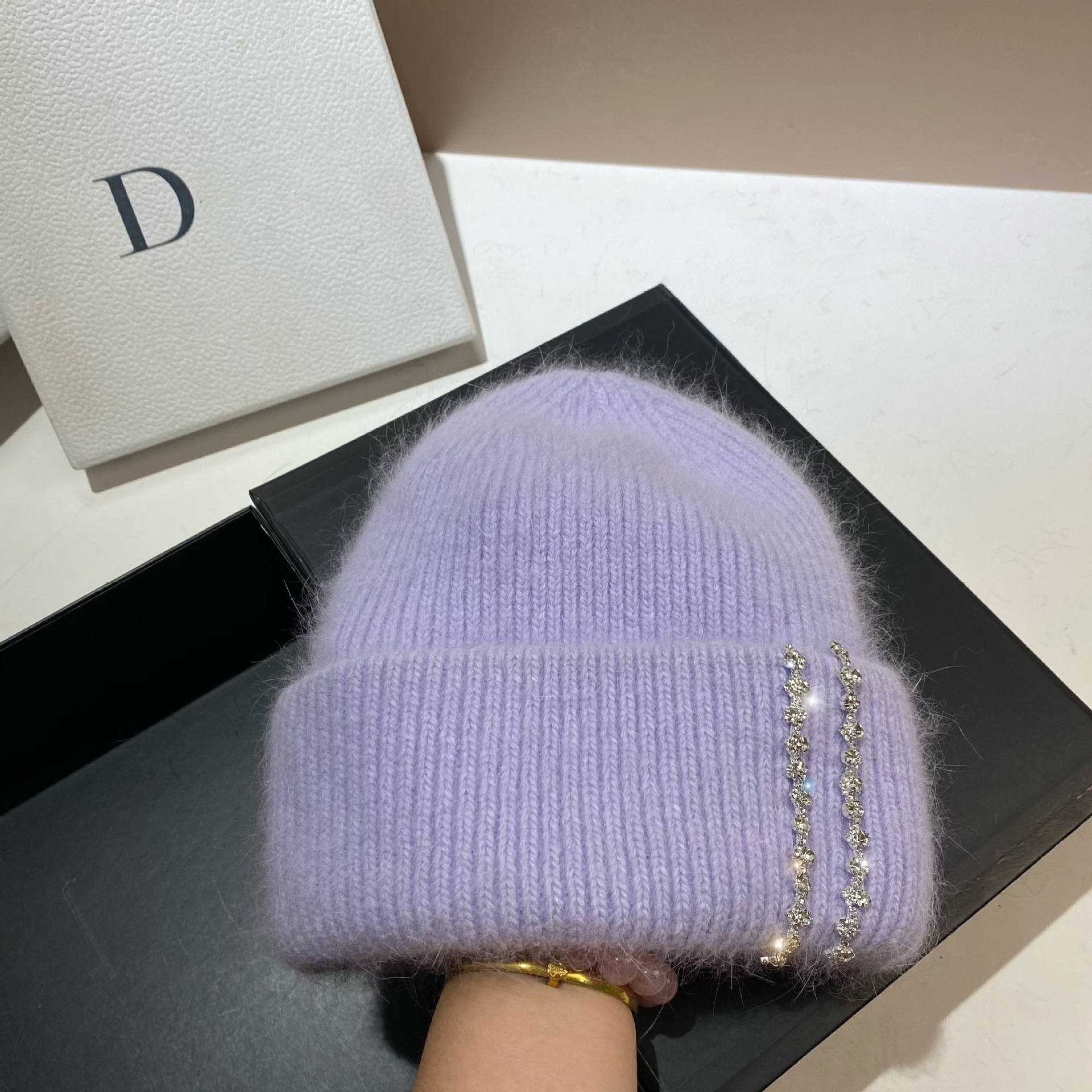 Winter-Thermomütze für den Außenbereich, langes Kaninchenhaar, doppelt gefaltete Strickmütze, Mode-Promi-Feng-Shui-Diamant-Wollmütze_voghion.com