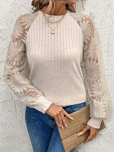 Women Basic Tops Casual Round Neck Lace Patchwork Long