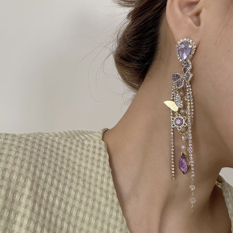 1 Pair Fashion Water Droplets Butterfly Rhinestone Tassel Womenu0027S Chandelier Earrings