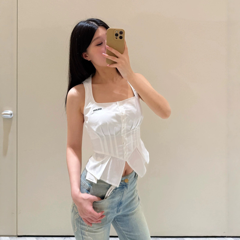 Nanyou Quality 2026 Summer New Letter Embroidery Irregular Design Waist-Cinching Square Neck Vest Shirt for Women Nanyou Quality 2026 Summer New Letter Embroidery Irregular Design Waist-Cinching Square Neck Vest Shirt for Women
